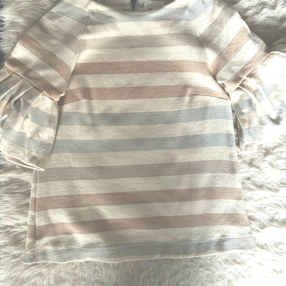 Anthropologie Maeve Helsa Stripe Ruffle Sleeve Cream Sweater Career office - Picture 2 of 8
